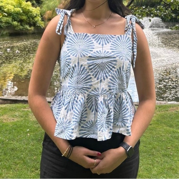 JOIE OGEE Floral Print Linen Pleated Bow Tie Straps Tank Top Blouse - Picture 1 of 7